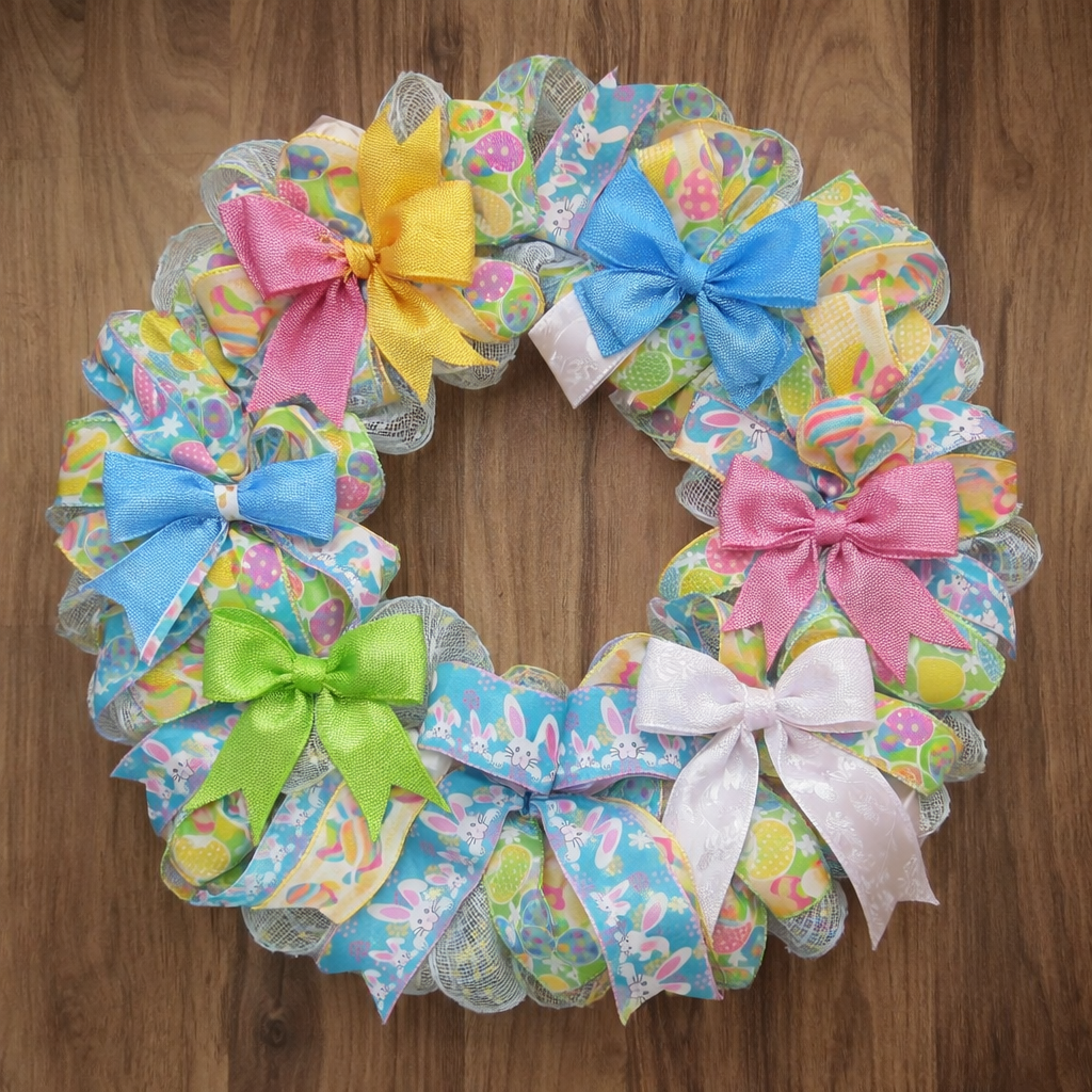 Pastel Bunny Easter Mesh Wreath – Handmade Spring Door Decor
