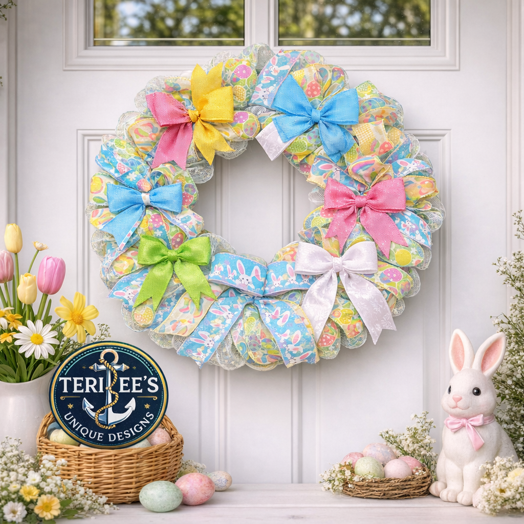 Pastel Bunny Easter Mesh Wreath – Handmade Spring Door Decor