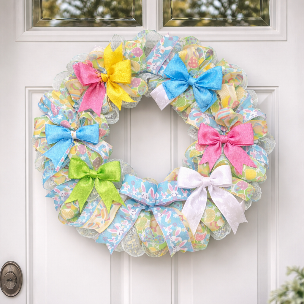 Pastel Bunny Easter Mesh Wreath – Handmade Spring Door Decor