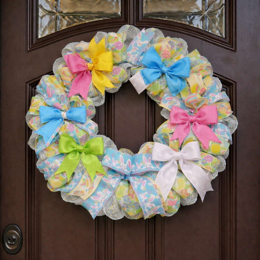 Pastel Bunny Easter Mesh Wreath – Handmade Spring Door Decor