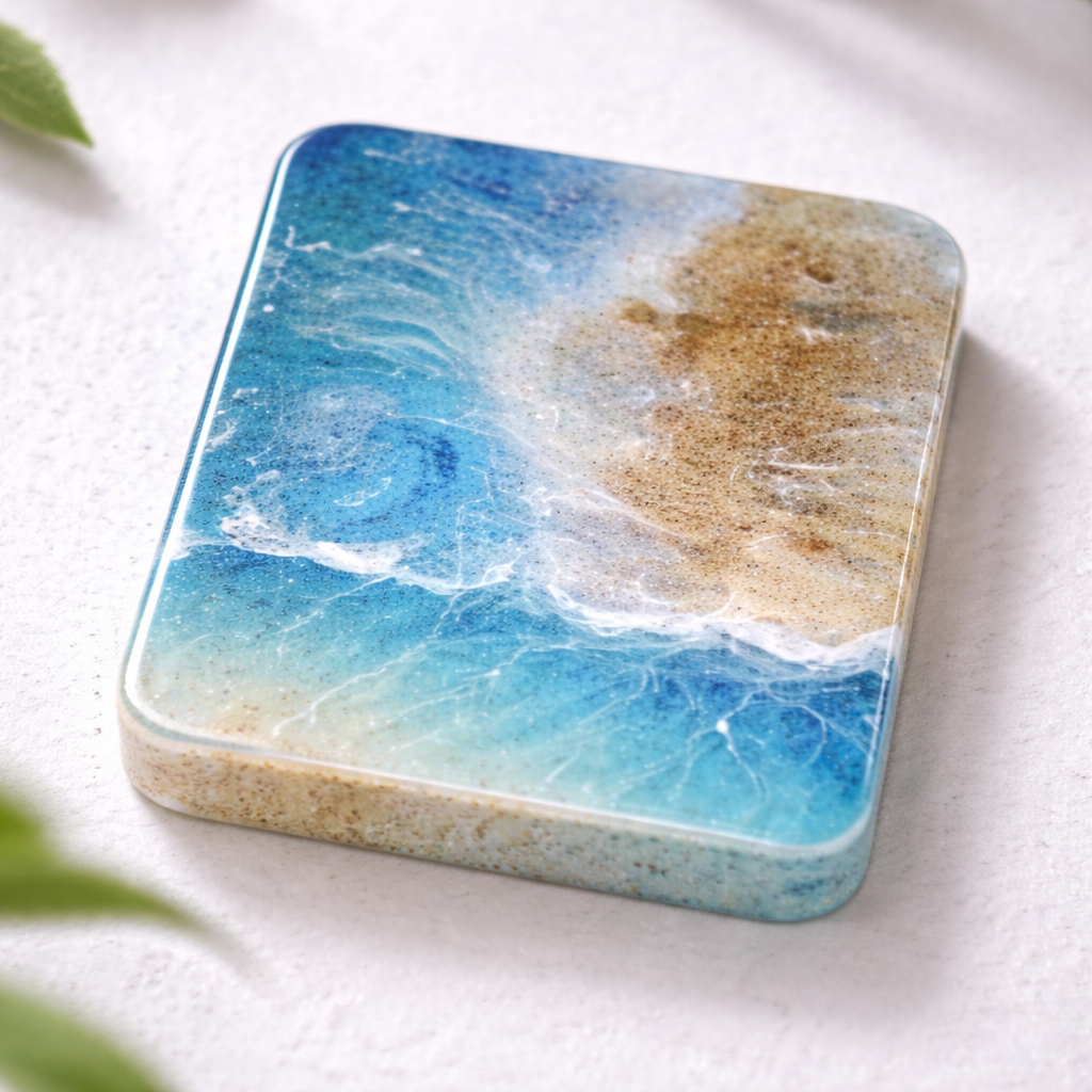 Square Beach Wave Resin Coaster – Handmade Coastal Ocean Coaster
